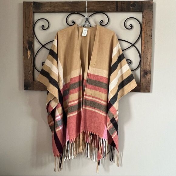 Woolrich Lagenlook Oversized Open Front Fringed Plaid Blanket Wrap Shawl Poncho - Picture 2 of 12